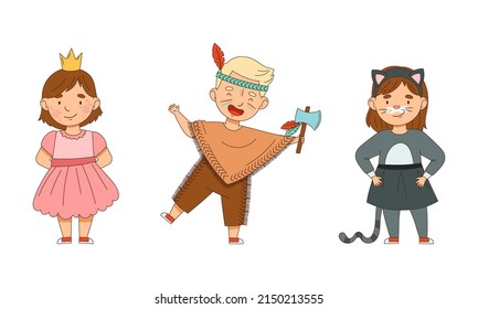 Cheerful Boy and Girl in Masquerade Costume and with Face Painting Engaged in Festive Celebration Vector Illustration Set