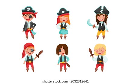 Cheerful Boy and Girl in Pirate Costume with Sword or Saber Vector Set