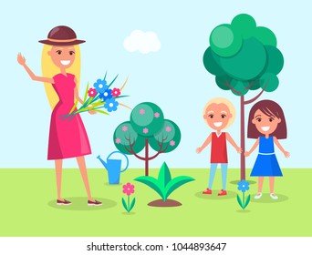 Cheerful boy and girl planting flowers with their smiling mother on sunny day vector illustration. Family gardening against background of blue sky