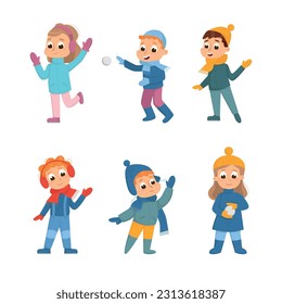 Cheerful Boy and Girl Walking and Enjoying Winter Holiday Vector Set