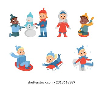 Cheerful Boy and Girl Walking and Enjoying Winter Holiday Vector Set