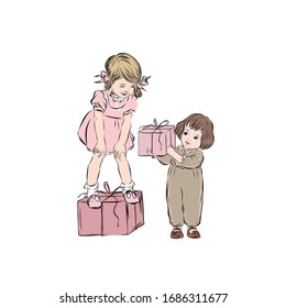 Cheerful boy gives adorable girl gift wrapped in pink paper. Child congratulates his girlfriend on holiday. 