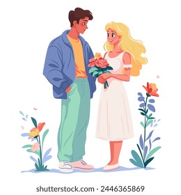 Cheerful boy gives flower to sweet blond girl. First love concept. Vector flat illustration