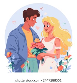 Cheerful boy gives flower to sweet blond girl. First love concept. Vector flat illustration