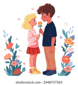 Cheerful boy gives flower to sweet blond girl. First love concept. Vector flat illustration