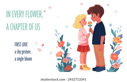 Cheerful boy gives flower to sweet blond girl. First love concept poster. Vector flat illustration