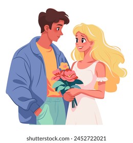 Cheerful boy gives flower to sweet blond girl. First love concept. Vector flat illustration