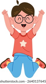 A cheerful boy with glasses jumps with arms raised in a playful cartoon style. The child expresses excitement and happiness through a dynamic pose. Cartoon vector illustration.