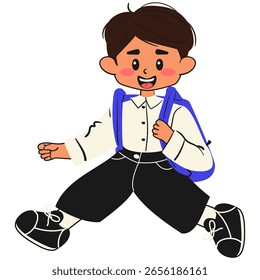 Niño alegre yendo a la escuela. Pegatina de regreso a la escuela. Estudiante de escuela estilo Doodle. Ilustración vectorial plana.