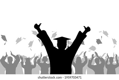 Cheerful boy graduate on background of joyful crowd of students people throwing mortarboards or academic caps, silhouette. Vector illustration