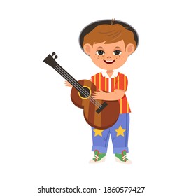 Cheerful Boy with Guitar Depicting Musician Profession Vector Illustration