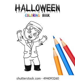 Cheerful Boy in Halloween Costume Frankenstein. Halloween Coloring Book. Illustration for children vector cartoon character isolated on white background.