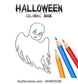 Cheerful Boy in Halloween Costume ghost. Halloween Coloring Book. Illustration for children vector cartoon character isolated on white background.