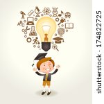 A cheerful boy having a good idea. Light bulb and education icons over his head boy. The file is saved in the version AI10 EPS. This image contains transparency.