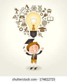 A cheerful boy having a good idea. Light bulb and education icons over his head boy. The file is saved in the version AI10 EPS. This image contains transparency.