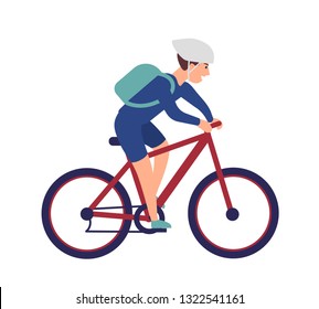 Cheerful boy in helmet riding bike. Smiling sportsman on bicycle isolated on white background. Happy male bicyclist taking part in sports race. Colorful vector illustration in flat cartoon style.