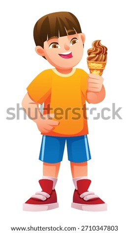 Cheerful boy holding a chocolate ice cream cone. Vector cartoon character illustration