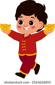 Cheerful Boy Holding Gold Ingot Celebrating Chinese New Year Illustration