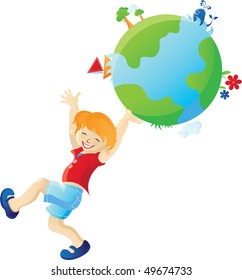 The cheerful boy holding in the hands a planet Earth. Vector illustration (EPS8). All parts (object) closed, possibility to edit.