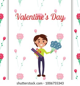 Cheerful boy holding present in blue box with red ribbon and bouquet of navy flowers on valentines day vector illustration.