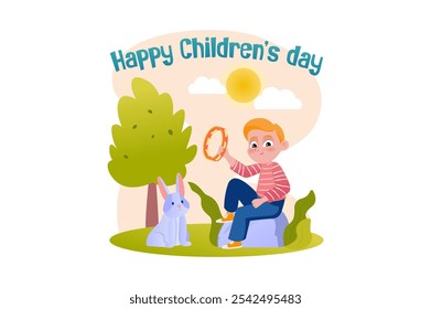 A cheerful boy holding a ring while sitting on a rock next to a cute bunny. Vector illustration