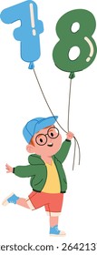 A cheerful boy holds balloons shaped as numbers in a playful cartoon style. The child joyfully runs with numeral balloons in a fun, lively manner. Cartoon vector illustration.
