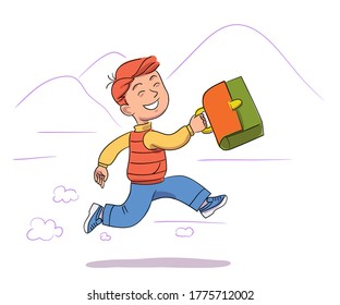 Cheerful boy holds briefcase and quickly runs to school. Smiling schoolboy hurries to lessons. Vector character illustration of elementary children education, student in classroom, enjoy studying