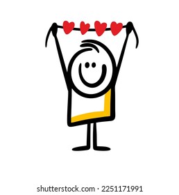 Cheerful boy holds  garland with heart-shaped flags over his head. Vector illustration of cute stickman and party decor.