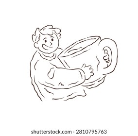 A cheerful boy holds a giant mug of a hot beverage. A whimsical doodle about the joy a simple drink can bring. A naive hand drawn vector illustration for cafe branding and design