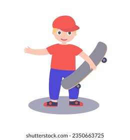 A cheerful boy holds a skateboard in one hand and with the other hand makes an invitation gesture to ride together. Vector illustration.