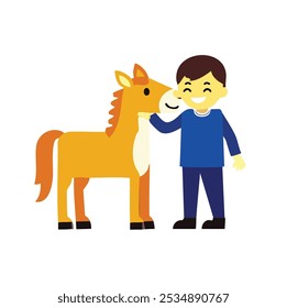 A cheerful boy interacts with a friendly orange horse, showcasing a bond between them.