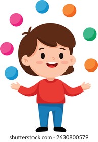Um garoto alegre faz malabarismos com bolas multicoloridas com entusiasmo. A ilustração vetorial captura um momento divertido e energético, transmitindo alegria e alegria. Brilhante, humor vivo.