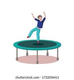 Cheerful boy jumping on a trampoline raising his hands
