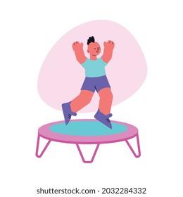 Cheerful boy jumping on trampoline flat vector illustration