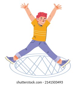 Niño alegre saltando sobre trampolín. Juegos infantiles activos en el terreno de juego, trampolín, vector de dibujos planos aislados en fondo blanco.