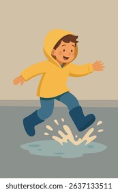Cheerful boy jumping in puddles. Vector stock illustration eps10.