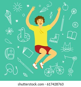 Cheerful boy jumping and smiling. Including kid's stuff doodle elements on background. Cartoon illustration about happy childhood for your design.