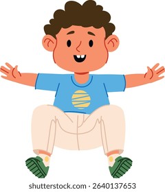 A cheerful boy jumps with joy, arms wide open, in a playful cartoon style. A young child leaps energetically, expressing happiness and excitement. Cartoon vector illustration.