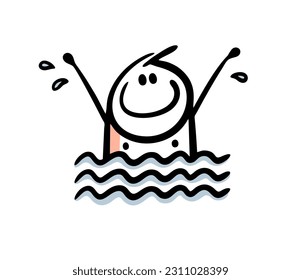 Cheerful boy jumps out of the water with splashes. Vector illustration of a stickman on vacation at sea. Cartoon image isolated on white background.