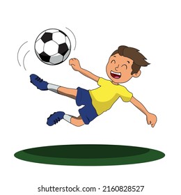 
cheerful boy kicking a soccer ball, child playing soccer on white background.