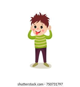 Cheerful boy kid character standing with hands up and making faces