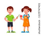 Cheerful boy kid give toothbrush to upset sweet tooth girl having tooth ache holding cheek eating unhealthy food cold ice cream. Children teeth hygiene clipart. Flat vector illustration