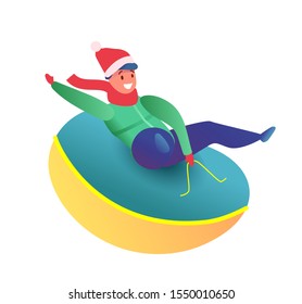 Cheerful boy kid sledding at snow tube. Vector young male character in santa hat having fun outdoors during new year and christmas winter holidays. Active child and outdoor activity.