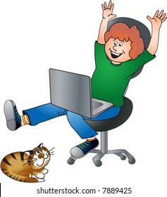 Cheerful boy with laptop. Vector illustration