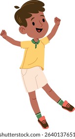 A cheerful boy leaps into the air with arms raised in a playful cartoon style. A young child joyfully jumps up, expressing happiness and energy. Cartoon vector illustration.