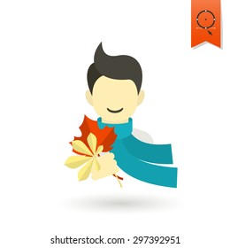 Cheerful Boy with Leaves. Single Flat Autumn Icon . Simple and Minimalistic Style. Vector