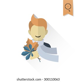 Cheerful Boy with Leaves. Single Flat Autumn Icon . Simple and Minimalistic Style. Vector