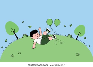 A cheerful boy lies on a grassy hill with green balloons, surrounded by trees, frogs, and leaves in a playful, cartoon-style scene.
