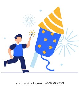 A cheerful boy lights up a sparkler next to a colorful firework rocket, creating a lively and joyful celebration moment.