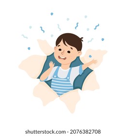 Cheerful Boy Looking Through Torn Paper Hole with Confetti Explosion Vector Illustration